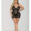 Flame Fetish Boss Lady Lace Up Back Chemise & Wide Band Thong Black 1x/2x