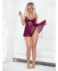 European Lace Teddy Babydoll Wine Medium