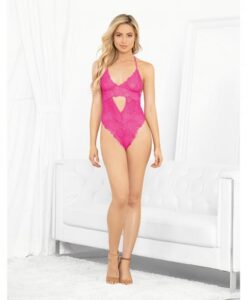 Neons Keyhole Front Teddy W/tanga Back Neon Pink Lg