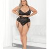 Floral Lace Bra, High Waist Garterbelt & G-string Black 2x