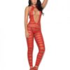 Opaque Net Striped Bodystocking Open Crotch Red O/S