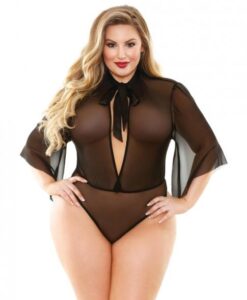Curve Celine Collared Bodysuit Tie Neck Black 1X/2X