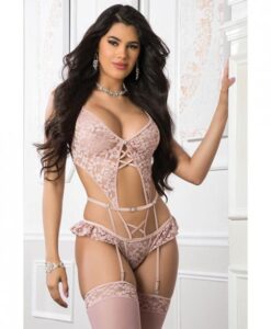 Garter Corset Teddy & Stockings Deep Rose O/s