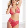 High Waist Lace Jeweled Panty & Bra Pink Crush O/s