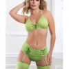 Laced Up Halter Bra W/heart Charm, High Waist Panty & Stockings Neon Kiwi O/s