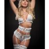 Lace Halter Bra, Lace Up Panties W/built In Garter Belt & Stockings White O/s