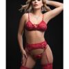 Lace Up Bra W/heart Detail, Garter Belt & Thong Red O/s