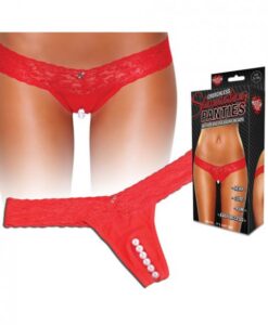 Crotchless Panties Thong Pearl Beads Red M/L