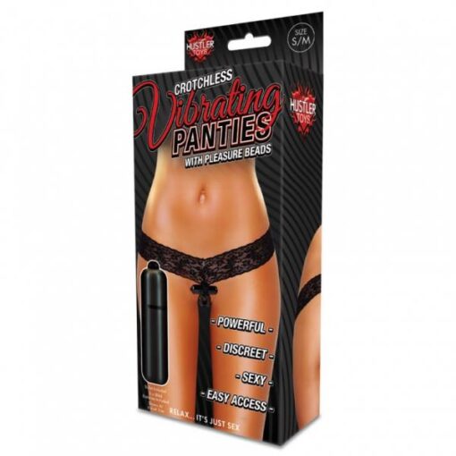Hustler Crotchless Vibrating Lace Panties Beads Black M/L - Image 3