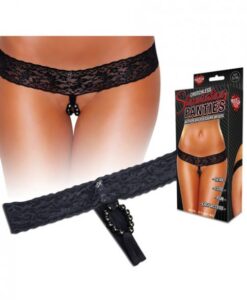 Hustler Crotchless Stimulating Thong With Pearl Pleasure Beads Black S/M