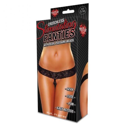 Hustler Crotchless Stimulating Thong With Pearl Pleasure Beads Black S/M - Image 2