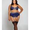 Geometric Lace W/matte Microfiber Bra, Garter Belt & G-string Navy/beige 2x