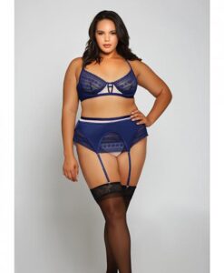 Geometric Lace W/matte Microfiber Bra, Garter Belt & G-string Navy/beige 2x