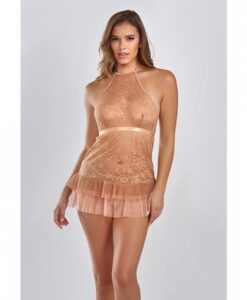 Amber Halter Lace Babydoll W/tiered Pleated Mesh Skirt Hem & G-string Brown Sm