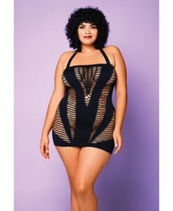 Heart Of Chaos Seamless Chemise W/halter Strap & Vertical V Cut Outs Black Qn