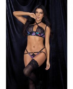 Flower Print & Lace Halter Underwire Top & Open Back Panty Multi Color L/xl