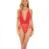 Sloane Soft Cup Deep Plunge Teddy W/side Lace Up Ribbon Detail Red S/m