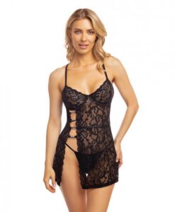 Soraya Lace Babydoll W/side Slit & Rhinestone Detail Black L/xl