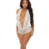 Sheer Lace Deep V Halter Bodysuit W/open Crotch White Xl