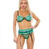 Sheer Lace Underwire Bra, Garter Belt & Panty Green Xl
