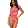 Stretch Lace W/underwire Cups & Strap Thong Detail Teddy Hot Pink Xl