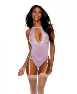 Lace & Mesh Gartered Teddy Lilac Xxl
