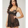 Eyelash Galloon Lace & Mesh Babydoll & Thong Black Lg