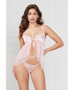 Satin Jacquard Dot Mesh Scallop Lace Babydoll & G-string Light Pink Xl