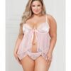 Satin Jacquard Dot Mesh Scallop Lace Babydoll & G-string Light Pink 3x/4x