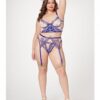 Sheer Stretch Mesh W/floral Contrast Embroidery Bustier, Garter Belt & Thong Blue/nude 1x/2x