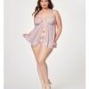 Sheer Mesh & Lace Demi Cup Babydoll & Thong Lavender 3x/4x