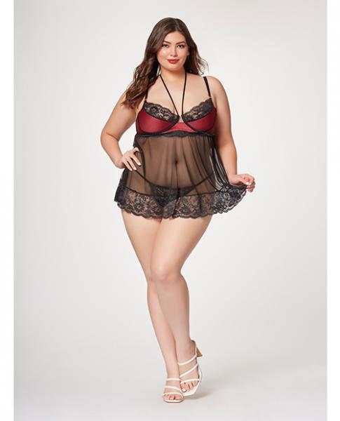 Satin & Lace Halter Demi Cup Babydoll & Thong Black/wine 1x/2x
