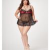 Satin & Lace Halter Demi Cup Babydoll & Thong Black/wine 3x/4x