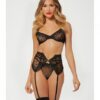 Valentines Heart Embroidered Mesh Bra, Waspie & Panty Black Xl