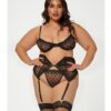 Valentines Heart Embroidered Mesh Bra, Waspie & Panty Black 1x/2x