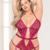 Floral Lace, Open Crotch Teddy W/removable Garters Wine Qn