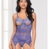 Cross Dye Lace Peek A Boo Chemise W/attached Garters & G-string Iris O/s