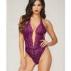Floral Lace Teddy Halter Ties & Snap Crotch Purple O/S