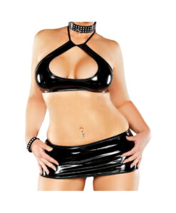 Plunge Halter Mini Skirt G-Set Black 2X