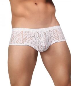 Male Power Mini Shorts Stretch Lace White Small