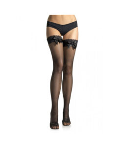 Lace Top Lycra Fishnet Thigh High W/bow O/s Black