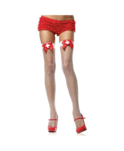 Industrial Net Thigh Highs W/ Bow And Nurse Badge O/s White/red
