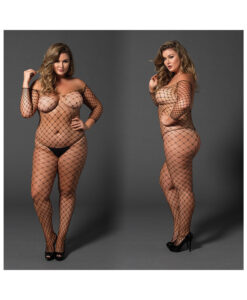 Fence Net Off The Shoulder Bodystocking. Long Sleeved Plus Size Black