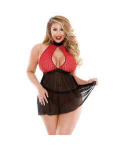 Curve Valentina Halter Keyhole Front Babydoll & Matching Panty Red/black 3x/4x