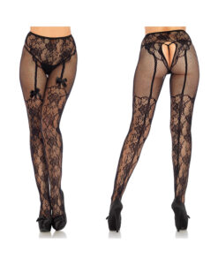 Fleur De Lace Suspender Illusion Crotchless Tights With Bow Accent O/s Black