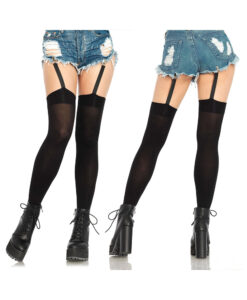 Opaque Thigh Highs Attached Clip Garter O/S Black
