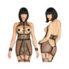 Wet Look Fishnet Open Cup Bondage Garter Dress With O-ring Attached Restraint Cuffs Sml/med Black