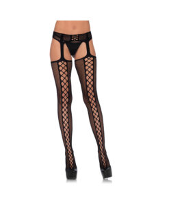 Faux Lace Up Dual Net Backseam With Attached Garter Belt O/s Black