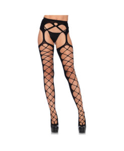 Diamond Net Opaque Stockings With Attached Garter Belt O/s Black