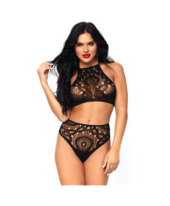 2pc Crochet Lace Halter Crop Top With Strappy Back Detail And Matching High Waist Thong Med/lg Black